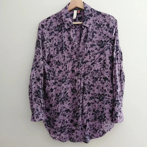 Anthropologie Pilcro Romy Relaxed Button Up Blouse Purple Floral Oversize XS - Picture 3 of 16